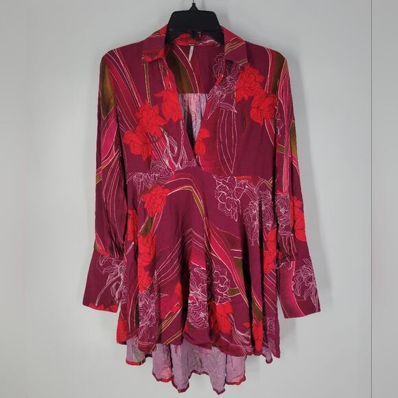 Free People Floral V Neck Feild Of Flowers Long Sleeve Tunic Mini Dress S - Picture 3 of 10